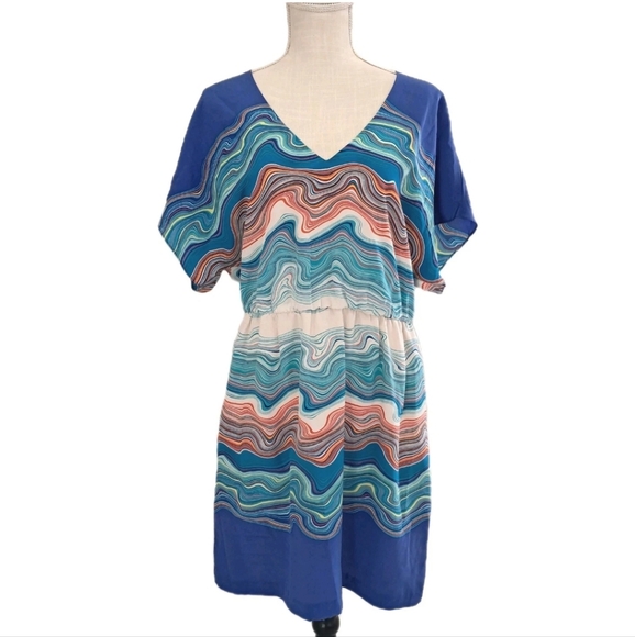Trina Turk Caspian Agate Swirl Dress Size 12 Blue & White 100% Silk - Picture 1 of 7